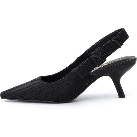 🆕Women's Sling back Kitten Heels Closed Pointed Toe Bowknot Pumps Black Fabric - Picture 2 of 6
